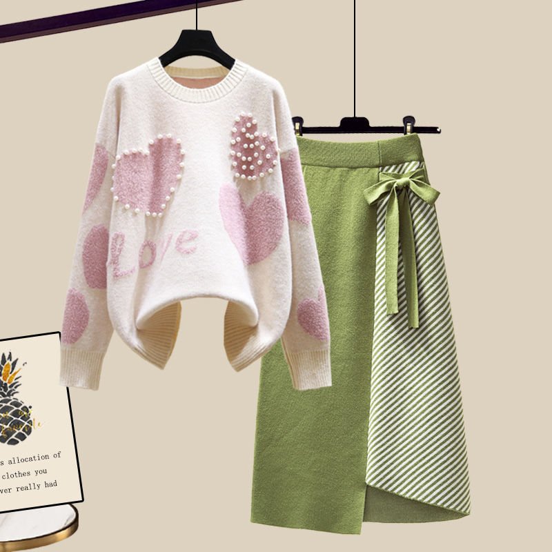 Factory wholesale big size women's autumn suit sweet heart loose sweater slim knitted skirt two-piece set fashion for women