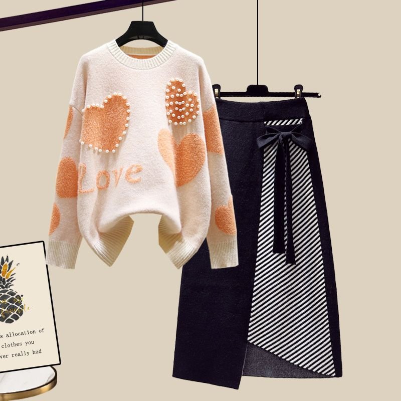 Factory wholesale big size women's autumn suit sweet heart loose sweater slim knitted skirt two-piece set fashion for women