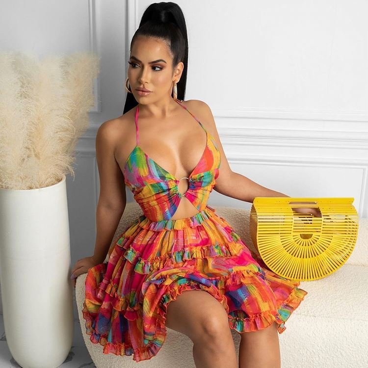 YP Woman Clothes 2021 Trending Alluring Multicolored Tie-Wrap Backless Halter Top Neck A Line Dress Summer Party Women Dresses