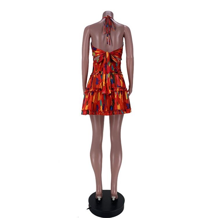 YP Woman Clothes 2021 Trending Alluring Multicolored Tie-Wrap Backless Halter Top Neck A Line Dress Summer Party Women Dresses