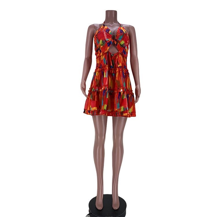 YP Woman Clothes 2021 Trending Alluring Multicolored Tie-Wrap Backless Halter Top Neck A Line Dress Summer Party Women Dresses
