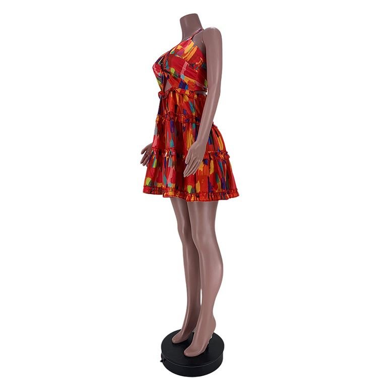 YP Woman Clothes 2021 Trending Alluring Multicolored Tie-Wrap Backless Halter Top Neck A Line Dress Summer Party Women Dresses