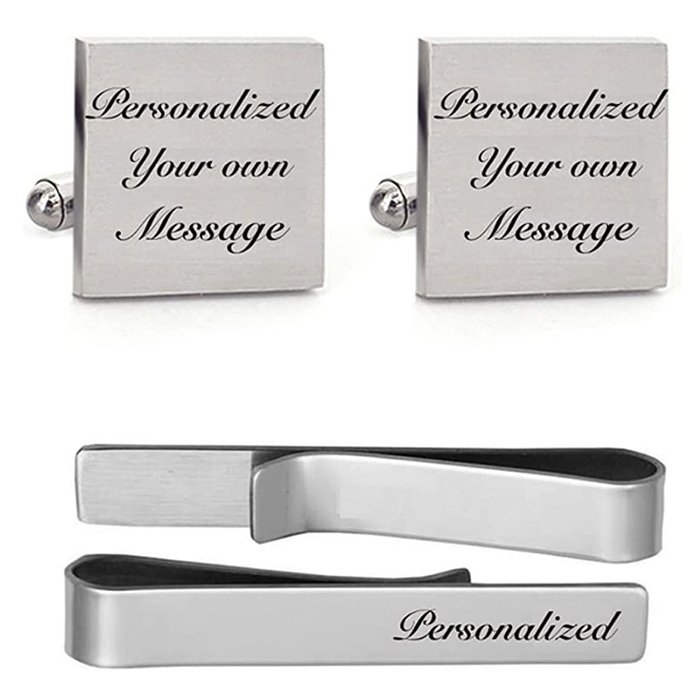 Popular Mens Suit Matching Designs Black Solid Color Stainless Steel Silk Pocket Button Cover Square Cuff Links & Tie Clips