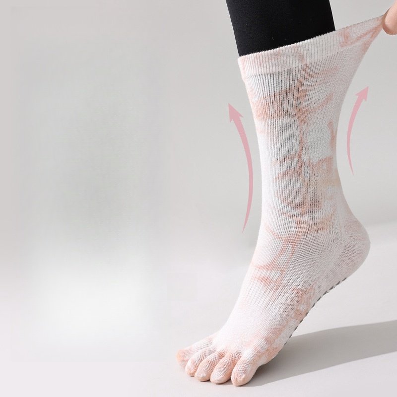 Jingwen OEM Tenidos Anudados Calcetines Non-Slip Five Finger Long Yoga Socks Casual Socks Breathable Tie Dye Pilates Socks