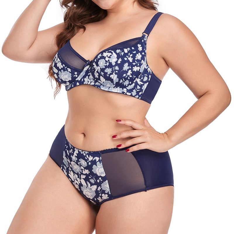 RTS 2024 New 38D-48D Women's Plus Size Lingerie Set Floral Print Underwear Set UltraThin Unlined Full Cup Bra And Panty Set