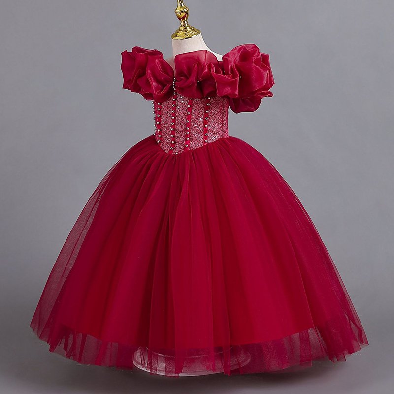 High quality short sleeve dress for girls tie silk princess dress for children lace puffy yarn party princess skirt for girl