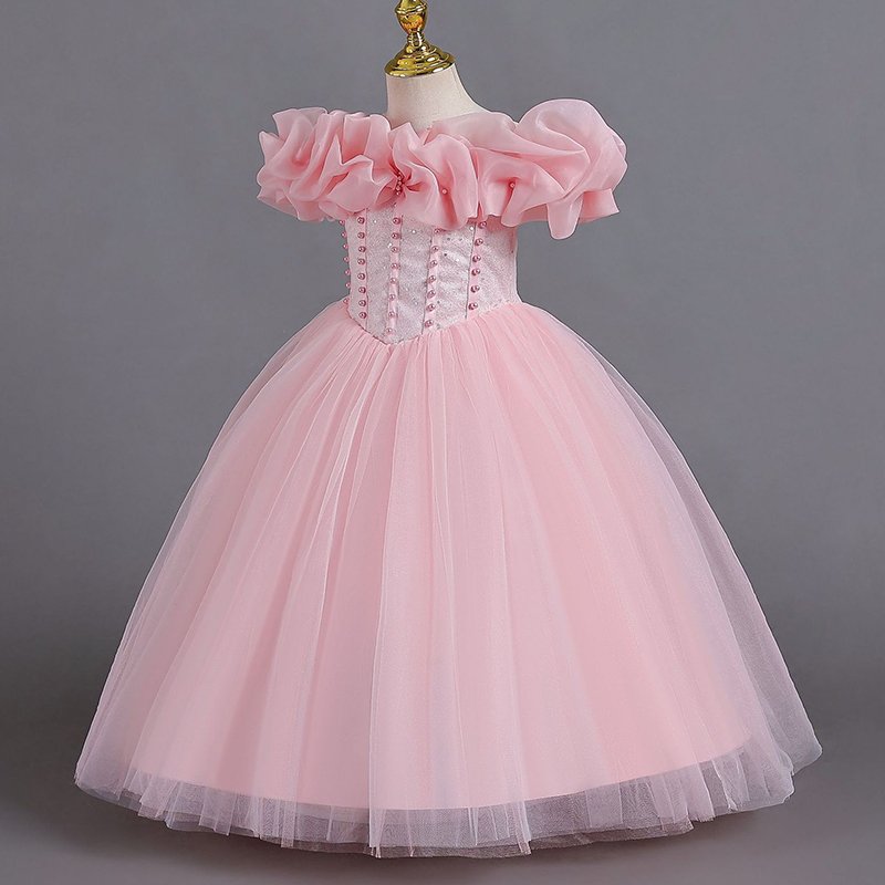 High quality short sleeve dress for girls tie silk princess dress for children lace puffy yarn party princess skirt for girl
