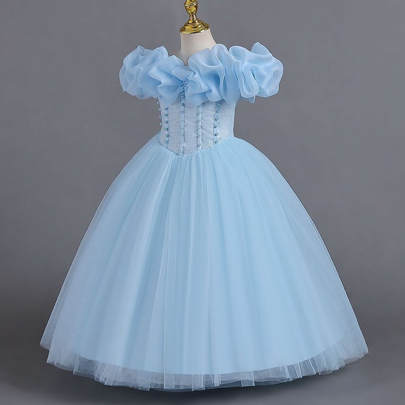 High quality short sleeve dress for girls tie silk princess dress for children lace puffy yarn party princess skirt for girl
