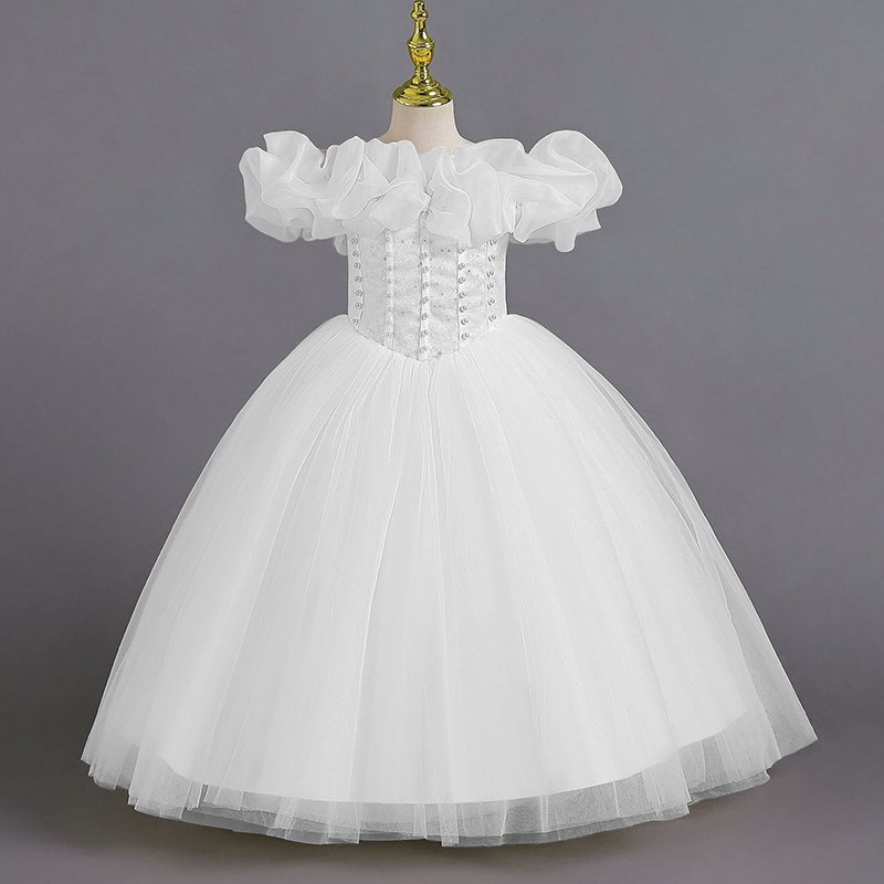High quality short sleeve dress for girls tie silk princess dress for children lace puffy yarn party princess skirt for girl