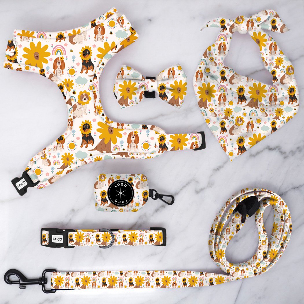 Top Selling Custom Design Dog Harness Suit Bow Tie Collar Bandana and Leash Poop Bag Dispenser Dog Set