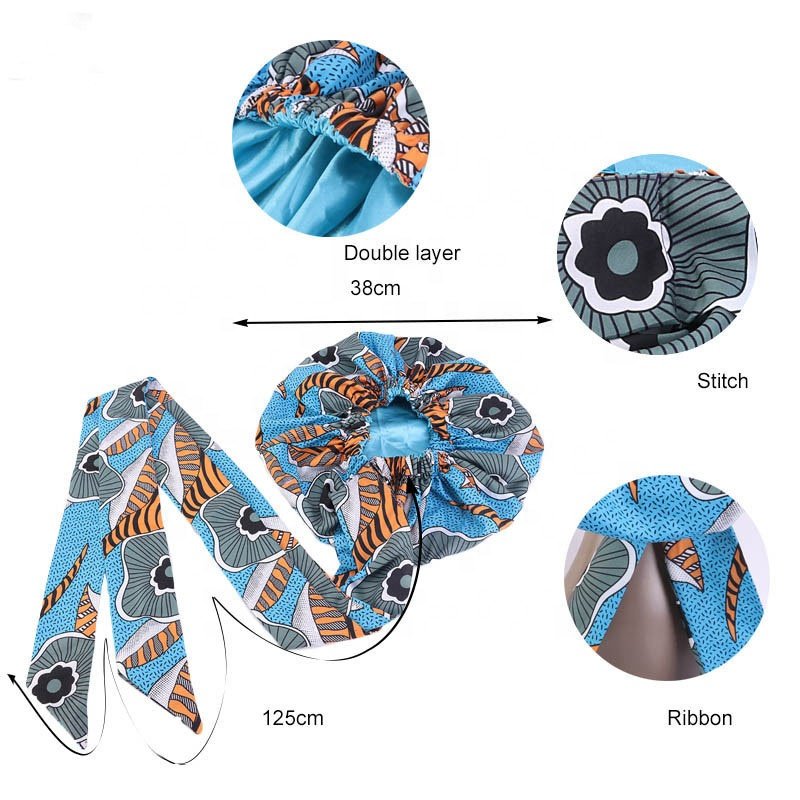 African Print Silk Sleep cap Long Braid Headband Women Cotton Satin Hair Wraps Edge night Bonnets With Ties