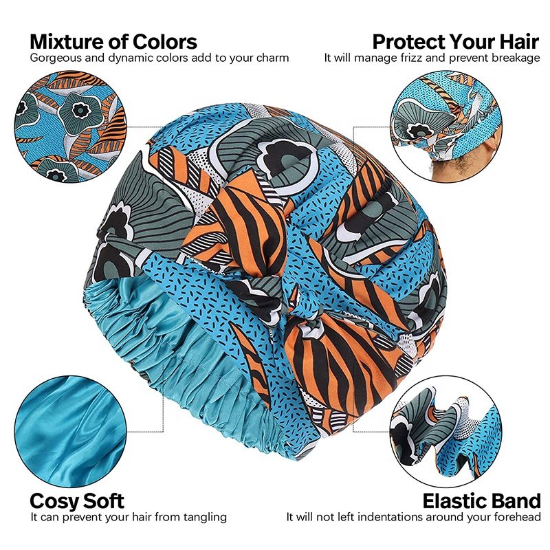 African Print Silk Sleep cap Long Braid Headband Women Cotton Satin Hair Wraps Edge night Bonnets With Ties