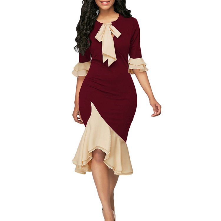 Women Bodycon Dress Cocktail Work Half Ruffle Sleeve Bow Tie Knee Length Ruffle Hem Party Dresses