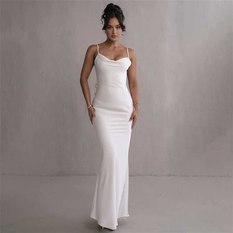 2024 Summer New Women's Clothing Temperament Flower Design Backless Strap Pile Collar Dress Women