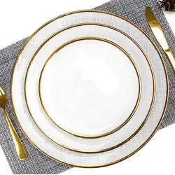 Luxury Minimalist High Quality Glass Plates Dinnerware Charger Plates Round White Dinner Plate Set with Gold Rim for Wedding