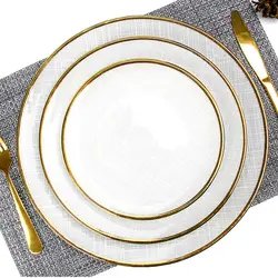 Luxury Minimalist High Quality Glass Plates Dinnerware Charger Plates Round White Dinner Plate Set with Gold Rim for Wedding