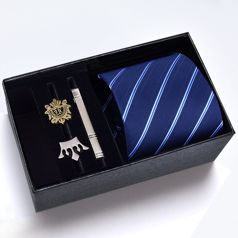 Luxury Men 8cm Stripe Silk Tie with Tie Cip Crown Brooch with Box Set Fashion Men Necktie