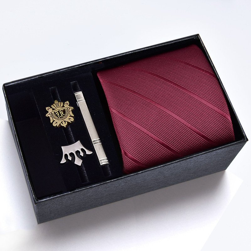 Luxury Men 8cm Stripe Silk Tie with Tie Cip Crown Brooch with Box Set Fashion Men Necktie