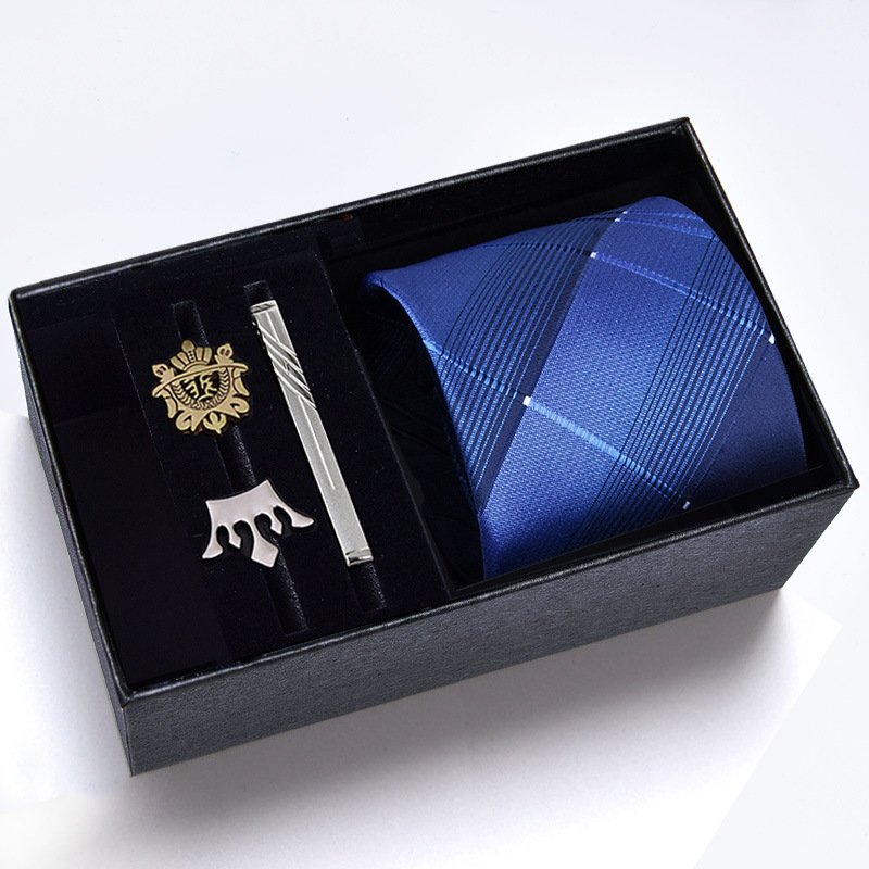 Luxury Men 8cm Stripe Silk Tie with Tie Cip Crown Brooch with Box Set Fashion Men Necktie