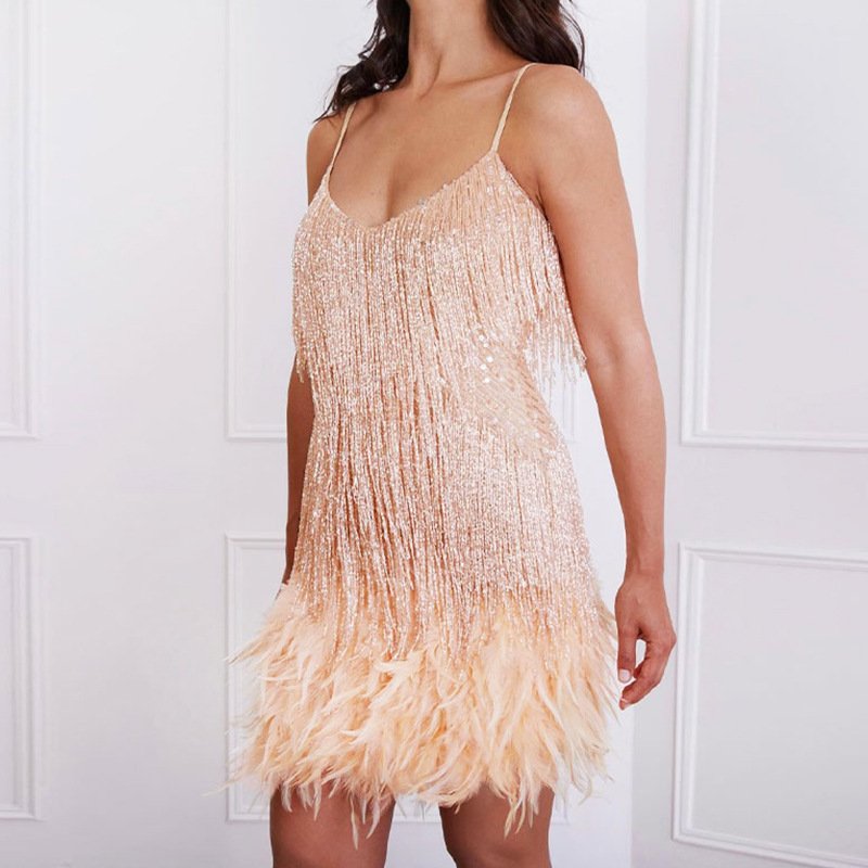 RUICHI Sexy Women's Fringed Sequin Stitching Summer Slim V-Neck Off Shoulder Backless Slip Mini Dress