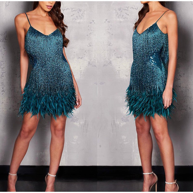 RUICHI Sexy Women's Fringed Sequin Stitching Summer Slim V-Neck Off Shoulder Backless Slip Mini Dress