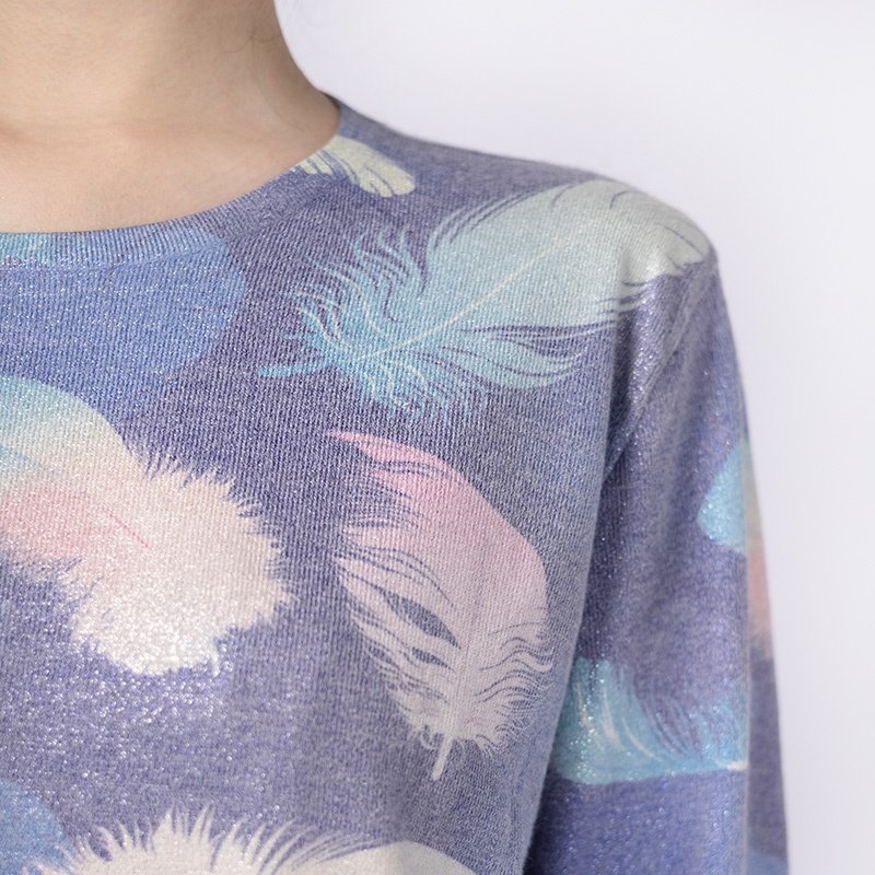 BAIFUYA Oversized Print Sweater Colorful Pullovers O-neck Knit Women Feather Print Jacquard Loose Women's Long Sleeve Tops