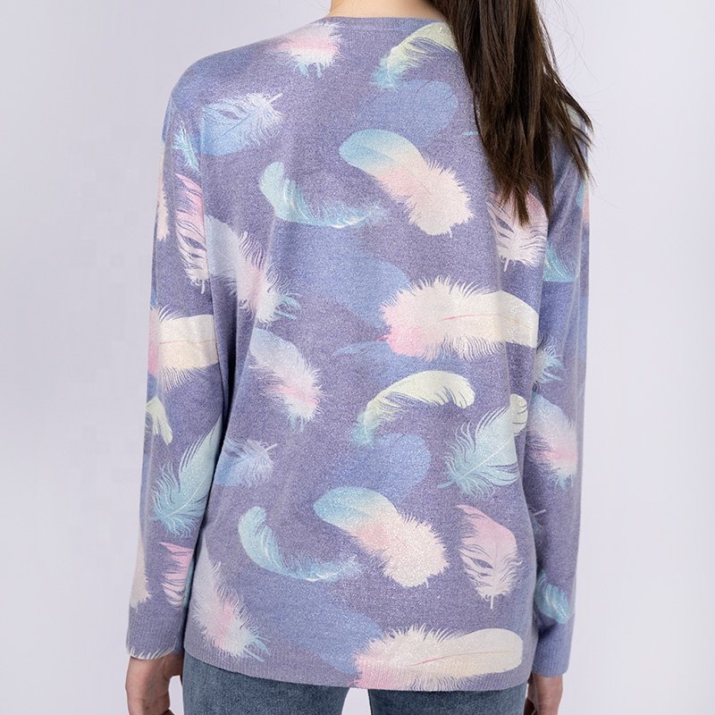BAIFUYA Oversized Print Sweater Colorful Pullovers O-neck Knit Women Feather Print Jacquard Loose Women's Long Sleeve Tops