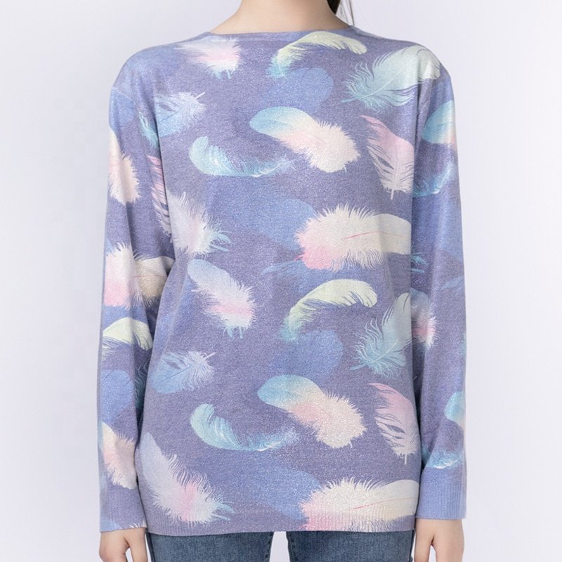 BAIFUYA Oversized Print Sweater Colorful Pullovers O-neck Knit Women Feather Print Jacquard Loose Women's Long Sleeve Tops