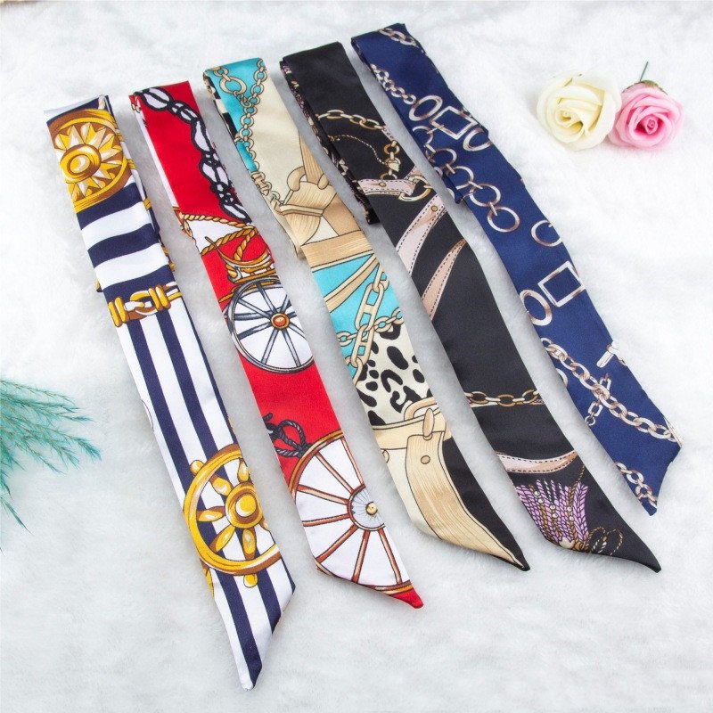 New Women Printed Satin Scarves Long Ribbons Lady Silk Hairband Small Hair Scarf Bow Tie Bags Accessories