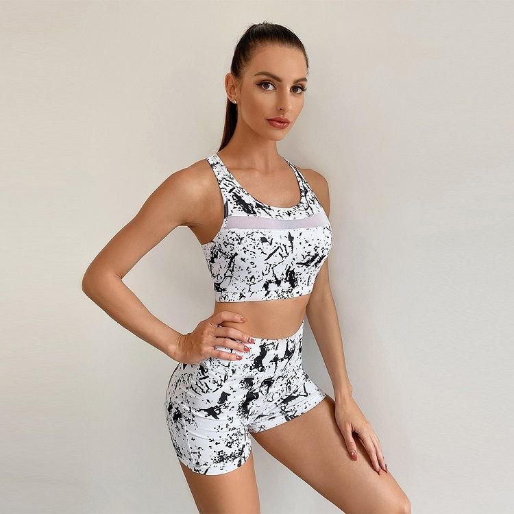 Polyester Spandex Poly Yoga Pant White Tie Dye 2 Pcs Short Leggings Set With U Neck Sports Bra Hollowing Mesh Front Buttery Soft