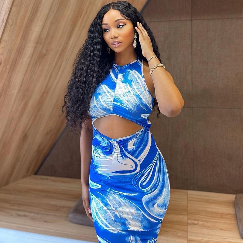 Kilig Women Fashion Digital Printing Bodycon Dress Women Hollow Out 0 Collar Maxi Dress