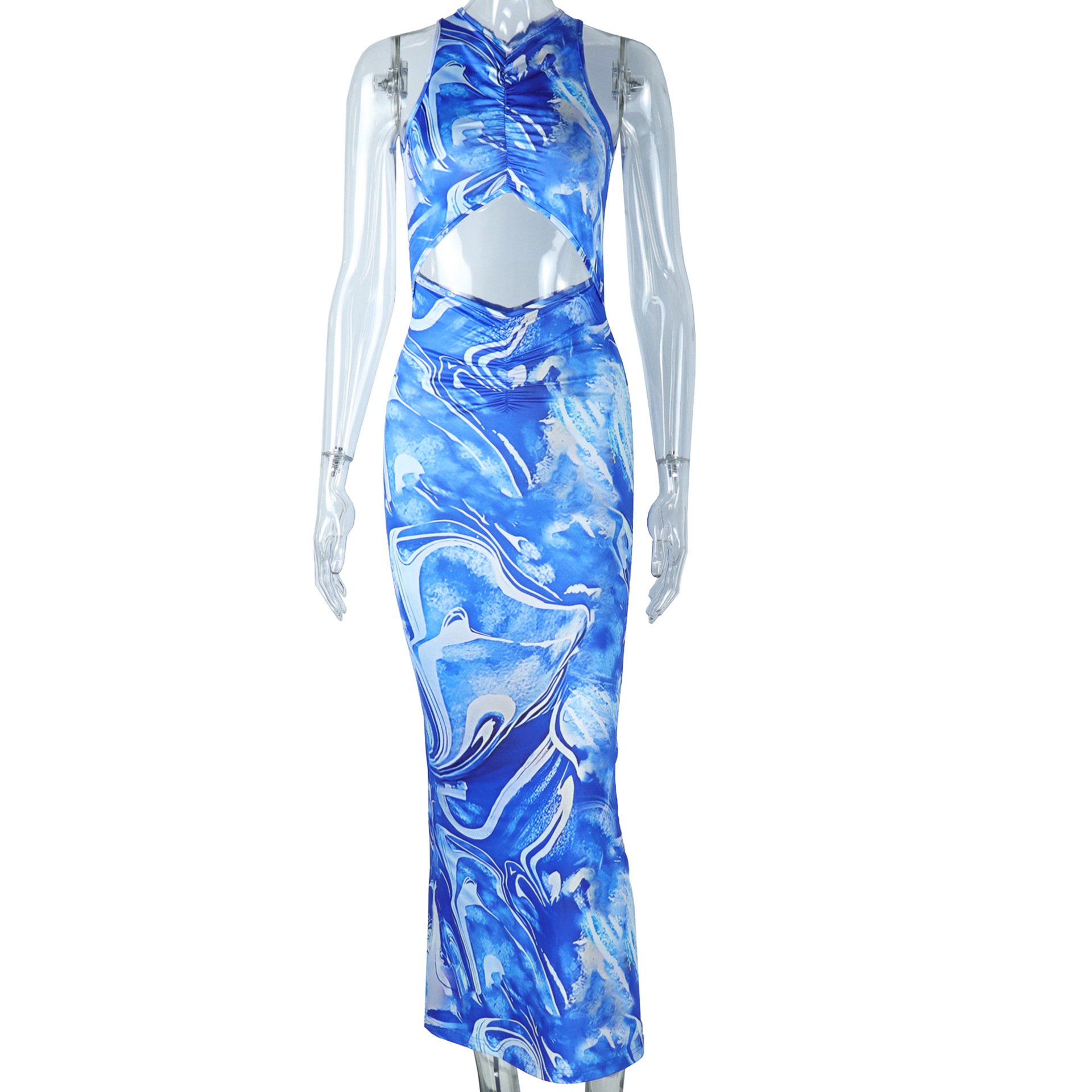 Kilig Women Fashion Digital Printing Bodycon Dress Women Hollow Out 0 Collar Maxi Dress