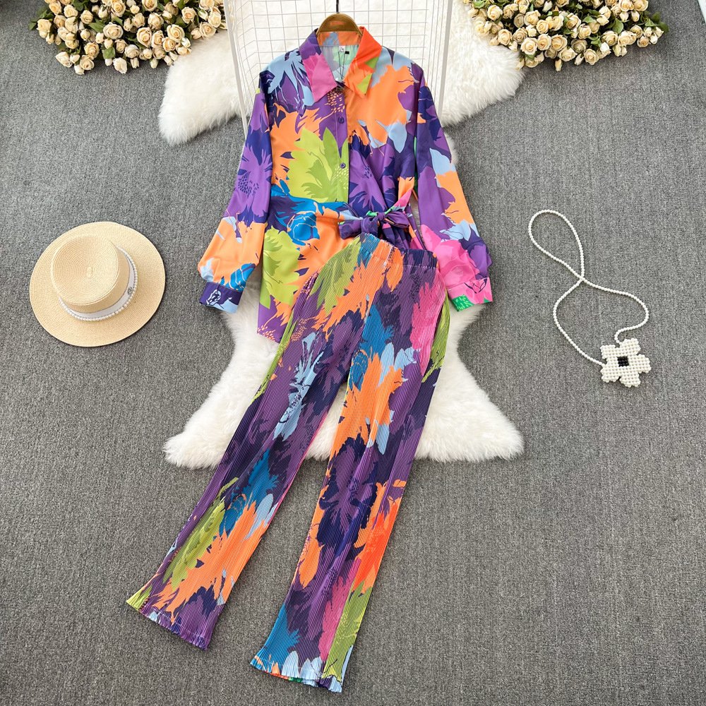 2024 Long Sleeve Tie Dye Shirt Women Two Piece Shorts Set Summer Casual Loose Fit Clothing Sets
