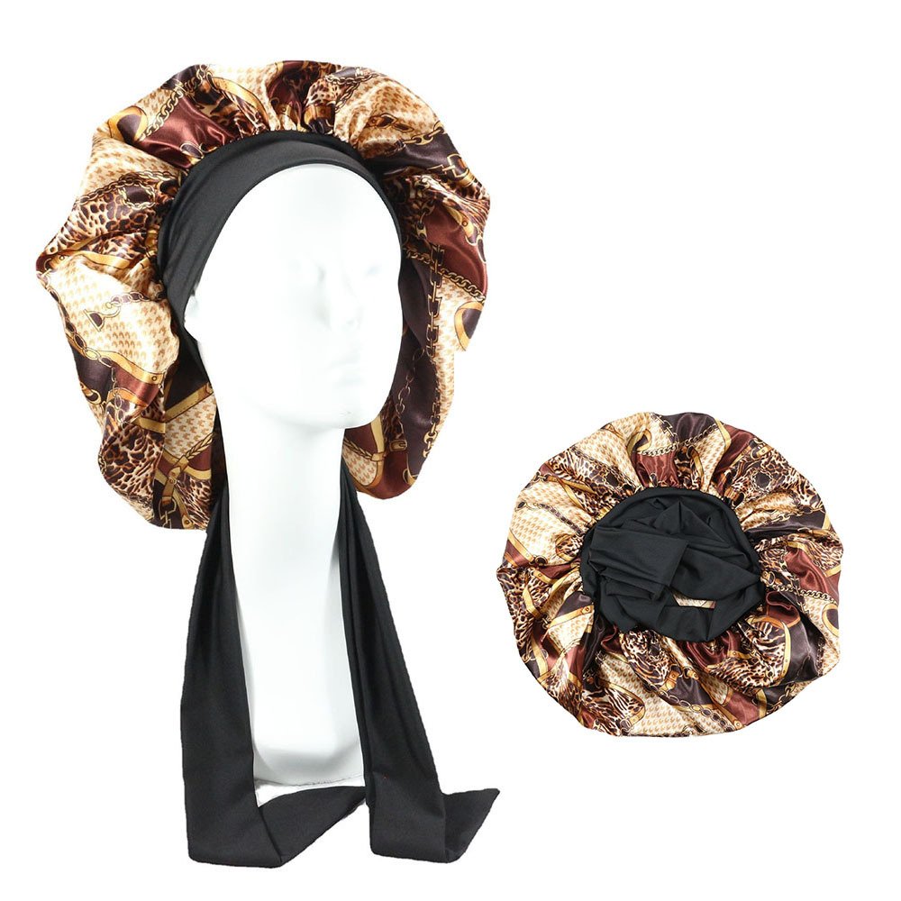 Wholesale women luxury long braid hair head sleeping satin bonnets and large ties satin silk hair wraps fashion hats bonnets