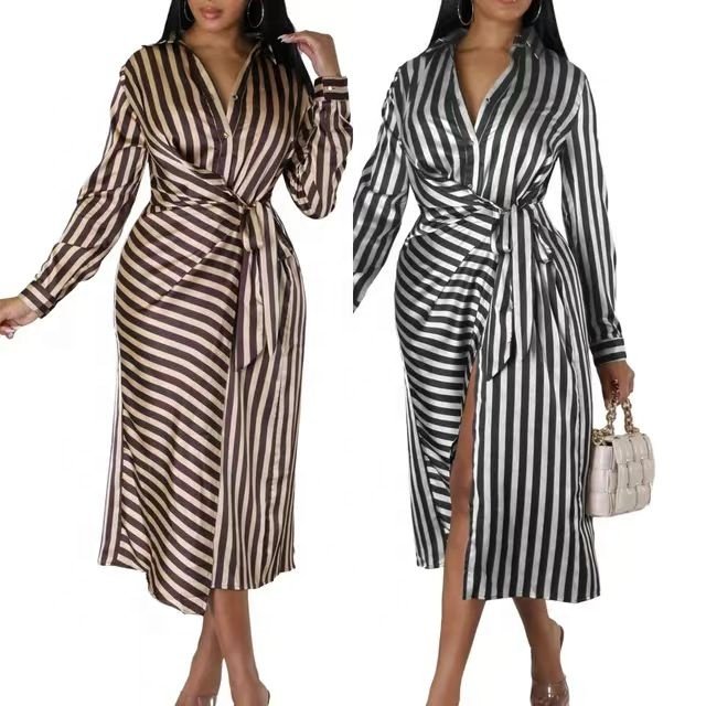 Trendy Elegant Shirt Dresses Turn-down Collar Loose Stripe Long Sleeve Ladies Office Dresses Women Casual Africa Dress