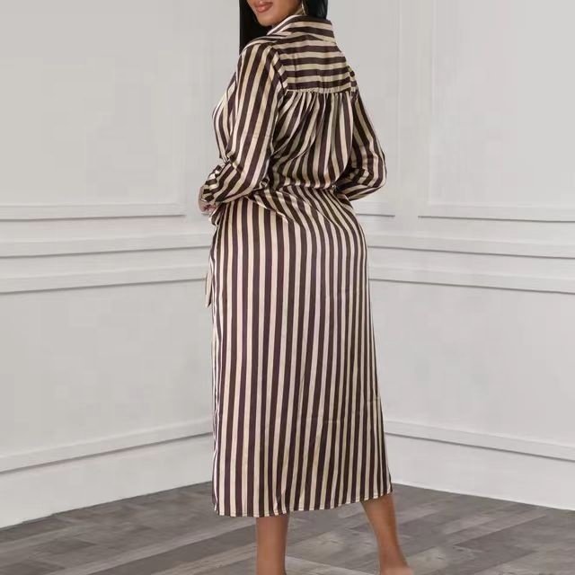 Trendy Elegant Shirt Dresses Turn-down Collar Loose Stripe Long Sleeve Ladies Office Dresses Women Casual Africa Dress