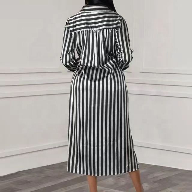 Trendy Elegant Shirt Dresses Turn-down Collar Loose Stripe Long Sleeve Ladies Office Dresses Women Casual Africa Dress