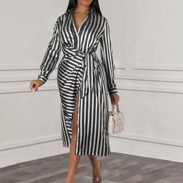 Trendy Elegant Shirt Dresses Turn-down Collar Loose Stripe Long Sleeve Ladies Office Dresses Women Casual Africa Dress