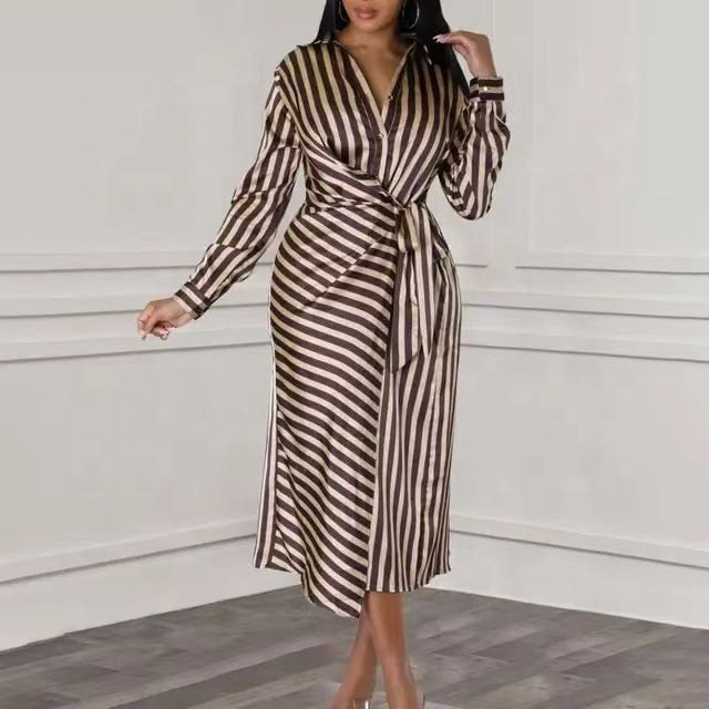 Trendy Elegant Shirt Dresses Turn-down Collar Loose Stripe Long Sleeve Ladies Office Dresses Women Casual Africa Dress