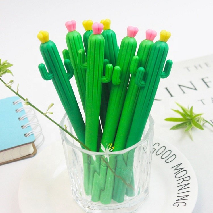 Plastic Cute Cactus Cartoon Gel Pen Wholesale Lovely Green Plant Flower Custom Logo Advertising Promotional Gift Gel Ink Pen