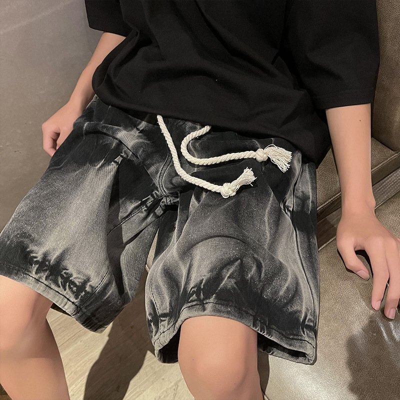 2024 new style customization logo Vintage black tie dye denim shorts men's summer fashion brand American high street short pants