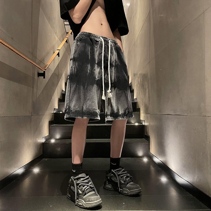 2024 new style customization logo Vintage black tie dye denim shorts men's summer fashion brand American high street short pants