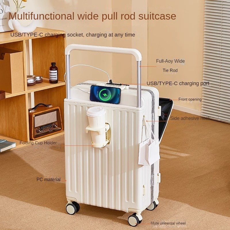 Wide tie rod luggage case 2024 new front opening multi-function trolley 24 inch large capacity travel password box