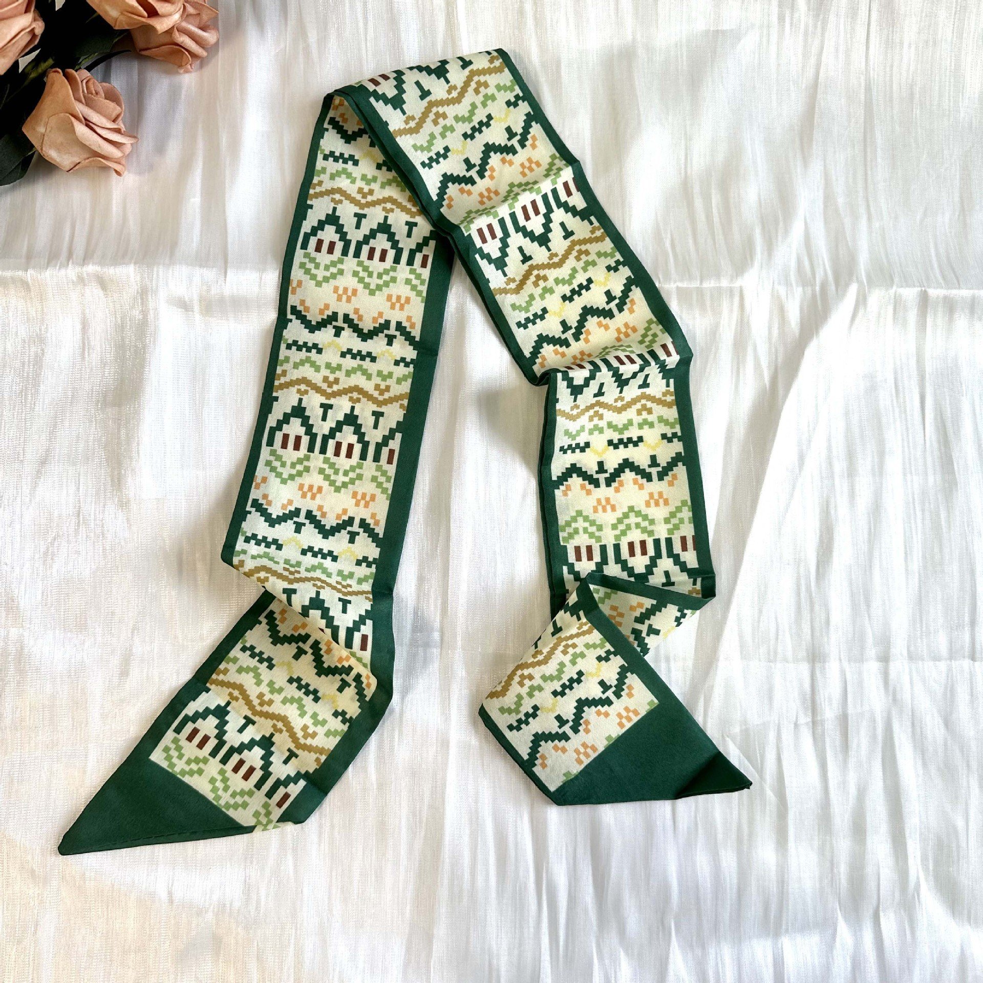 Summer Spring Green Hair Ribbons Check Letters Flower Daily Hair Binding Tie Hair Small Scarf Headbands Female Bandanas Headwear