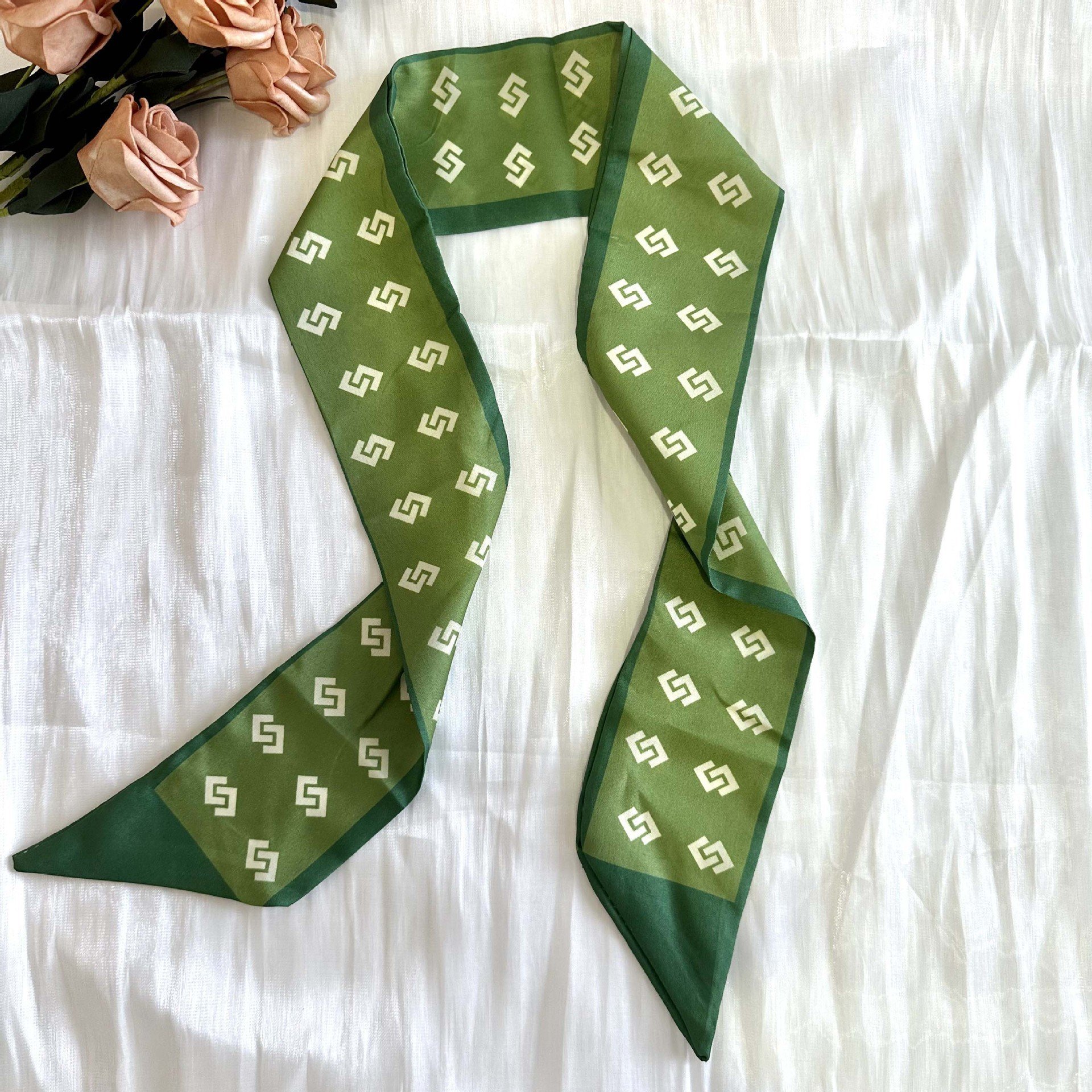 Summer Spring Green Hair Ribbons Check Letters Flower Daily Hair Binding Tie Hair Small Scarf Headbands Female Bandanas Headwear