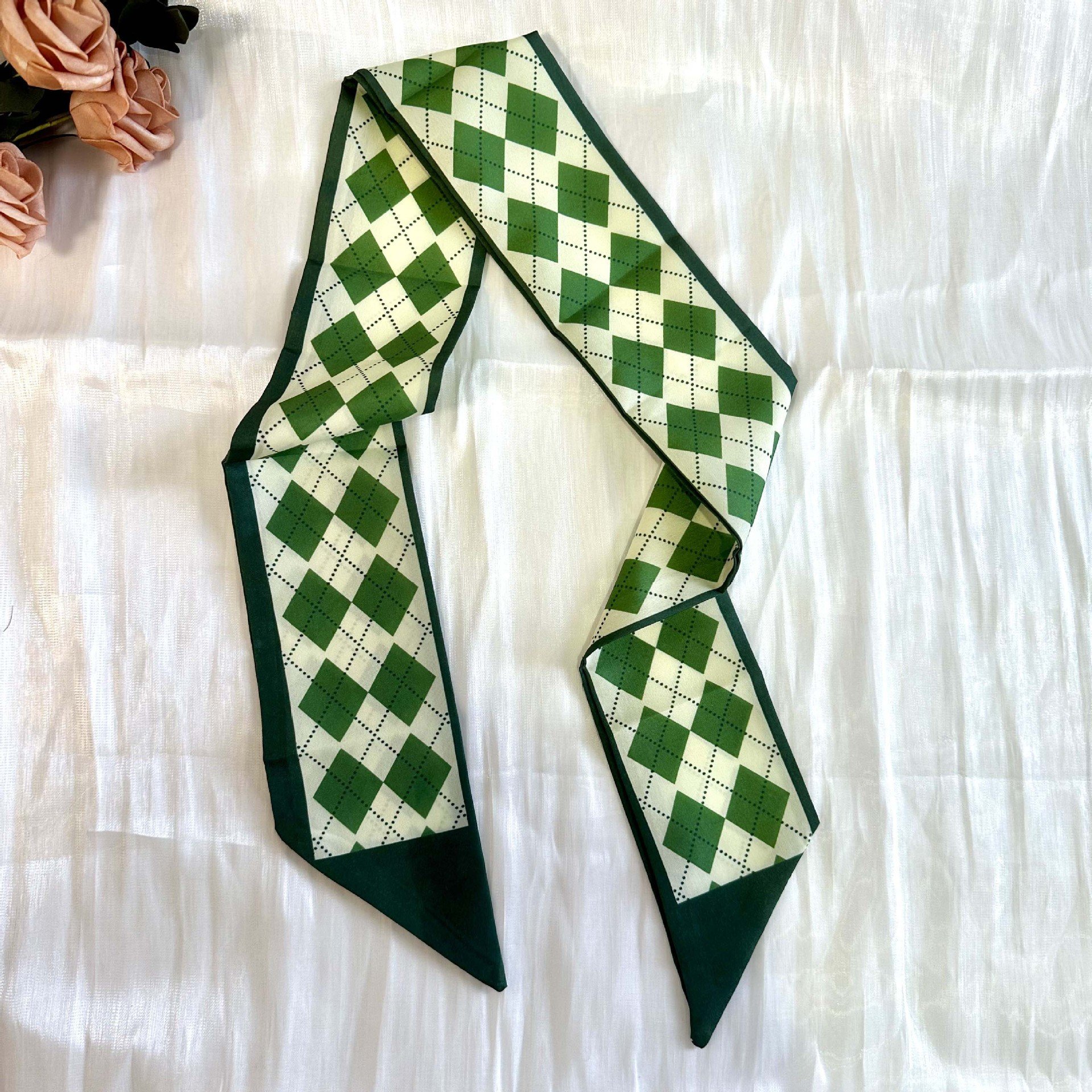 Summer Spring Green Hair Ribbons Check Letters Flower Daily Hair Binding Tie Hair Small Scarf Headbands Female Bandanas Headwear