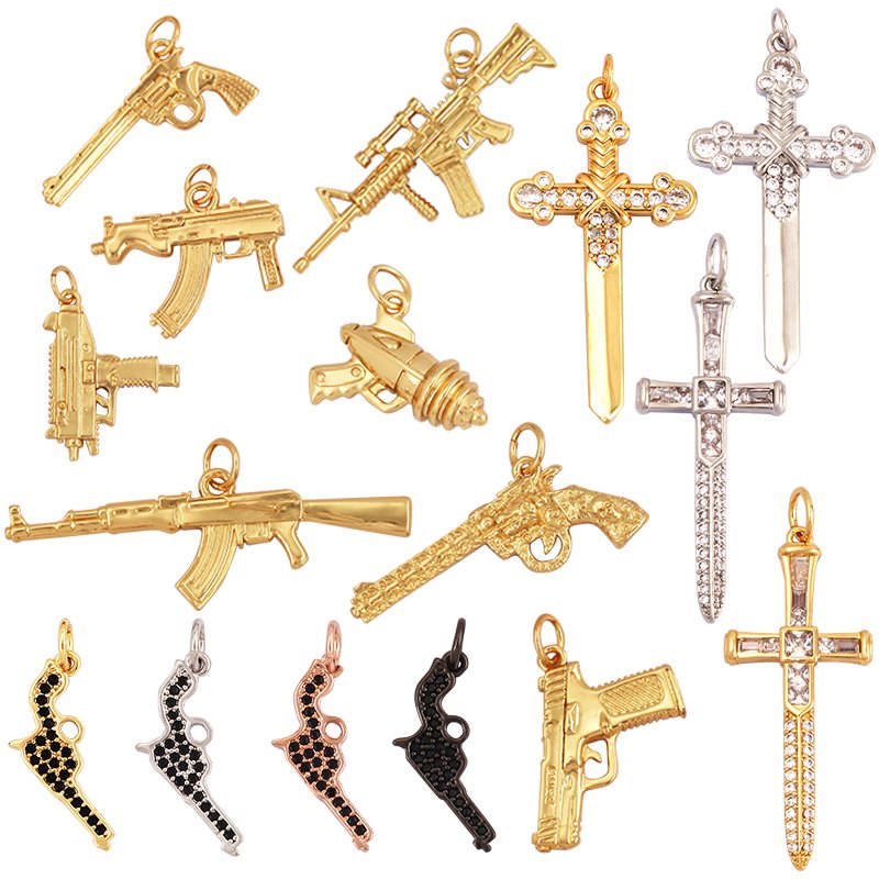European and American Popular Micro Inlaid Zircon Charm Pendant,Cute 18K Gold Brass Dagger Sword Weapon Gun Necklace Supply L17