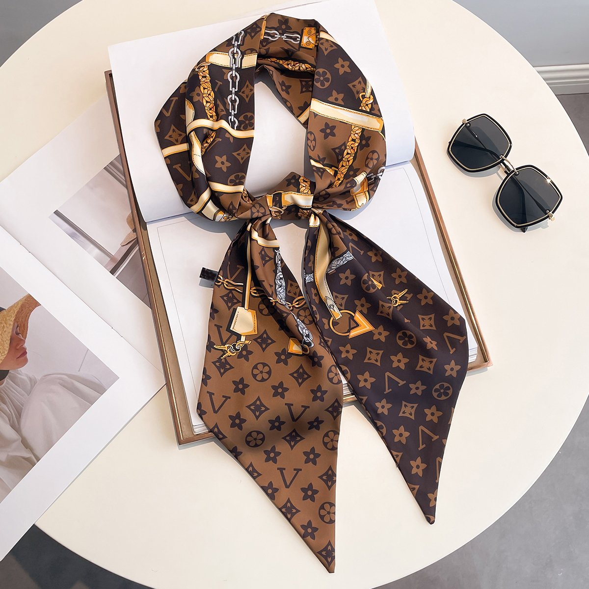 Customized New Brand WJ1067C Luxury Designer Printed Twill Bag Scarf Silk Long 145cm Neck Hair Ties Skinny Silk Scarf for Women