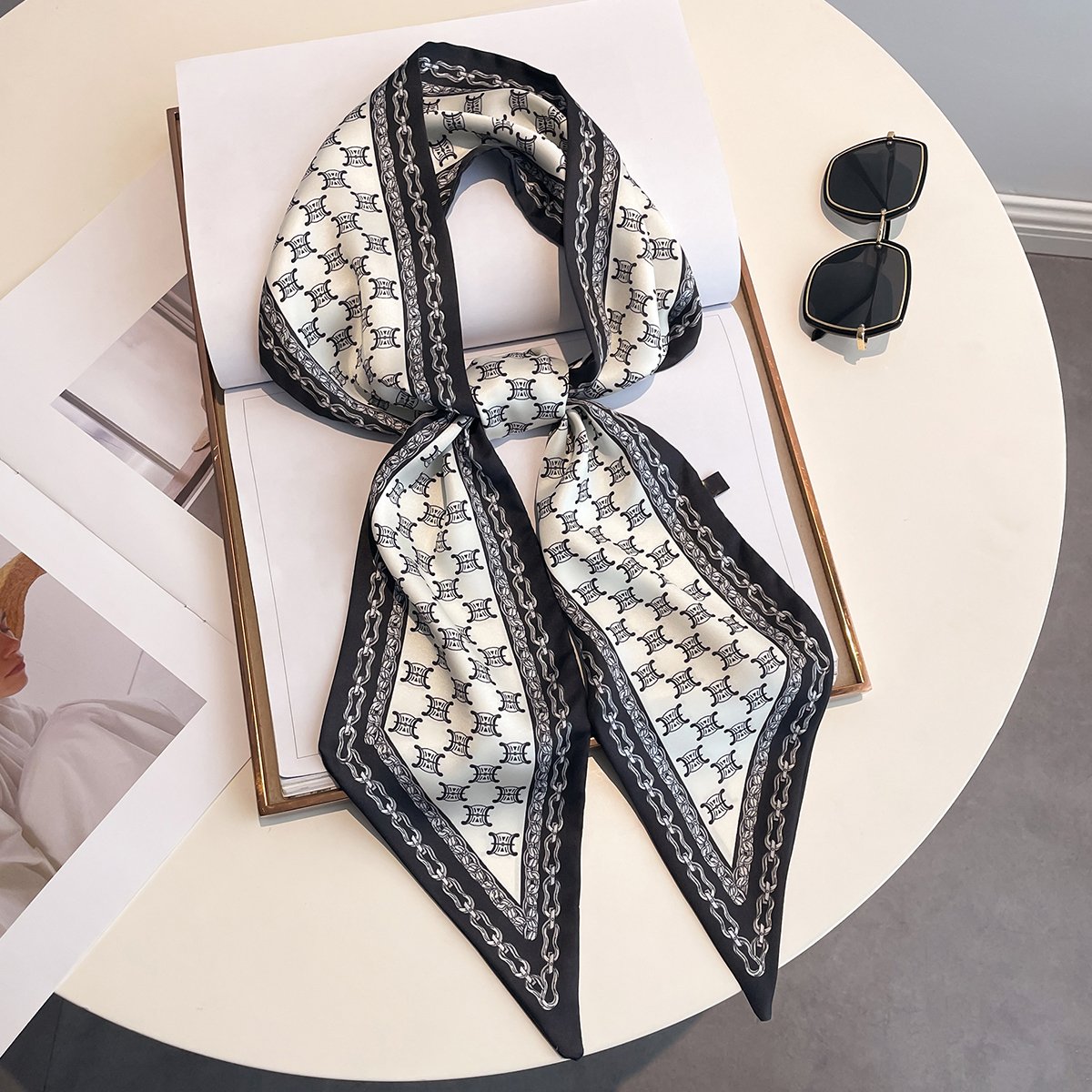 Customized New Brand WJ1067C Luxury Designer Printed Twill Bag Scarf Silk Long 145cm Neck Hair Ties Skinny Silk Scarf for Women
