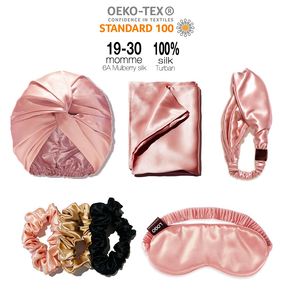 Wholesale Custom LOGO 100% mulberry silk pillow case set Luxury silk sleep eye mask and satin scrunchies